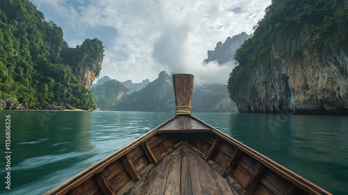 Scenic view from a boat navigating through lush, mountainous waters.