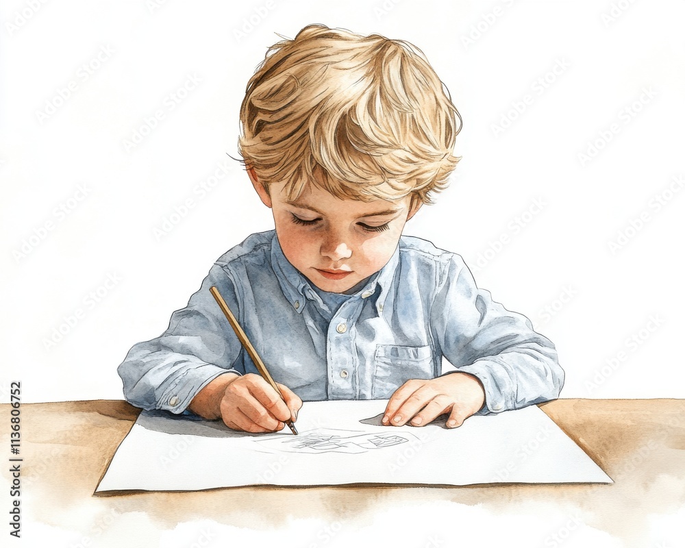 A young Caucasian boy concentrates as he draws on paper, showcasing his artistic talent in a light-filled setting. A young Caucasian boy concentrates as he draws on paper, showcasing his artistic talent in a light-filled setting.