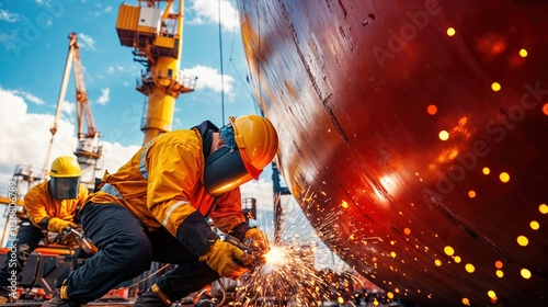 Obraz na płótnie industrial workers welding large metal structure at shipyard with bright sparks and machinery
w salonie
