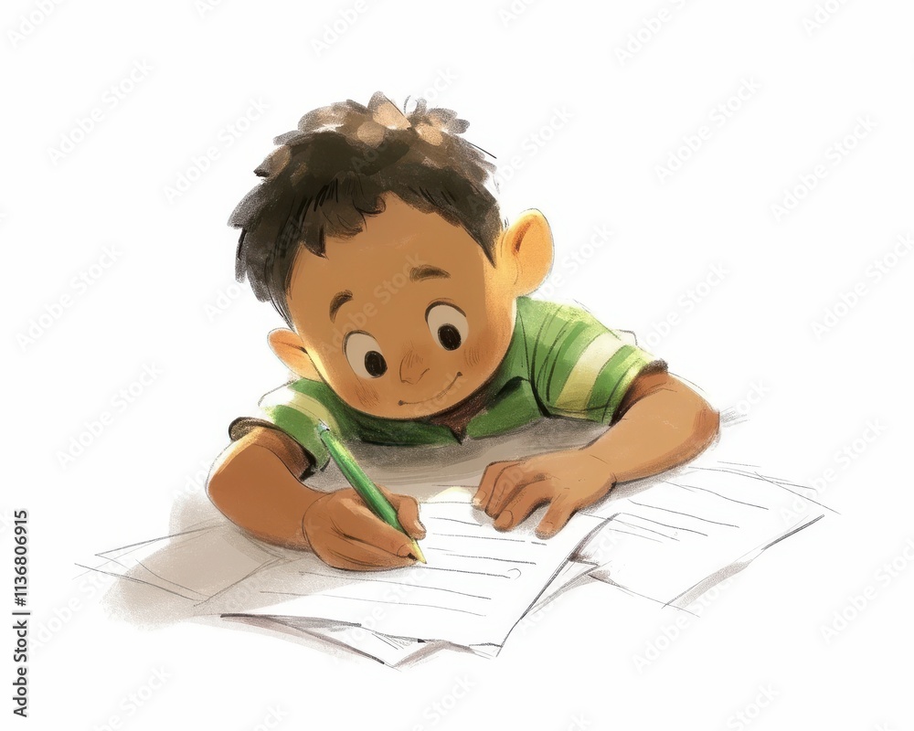 A joyful young boy of Hispanic descent diligently writes on paper, showcasing his creativity and focus. A joyful young boy of Hispanic descent diligently writes on paper, showcasing his creativity and focus.