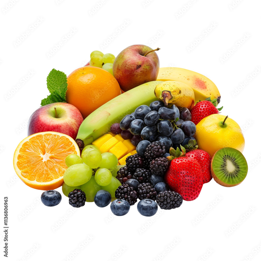 A colorful mix of fruits, including apples, bananas, oranges, grapes, and berries, isolated on a transparent background, perfect for healthy eating or food-related designs. A colorful mix of fruits, including apples, bananas, oranges, grapes, and berries, isolated on a transparent background, perfect for healthy eating or food-related designs.