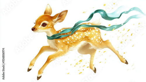 A charming and elegant baby deer in motion, its fur shimmering in shades of golden yellow and teal, intricate star-like markings across its back