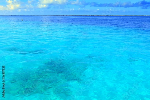 Azure blue ocean under the sunny day with blue sky. Tropical paradise calm sea. 