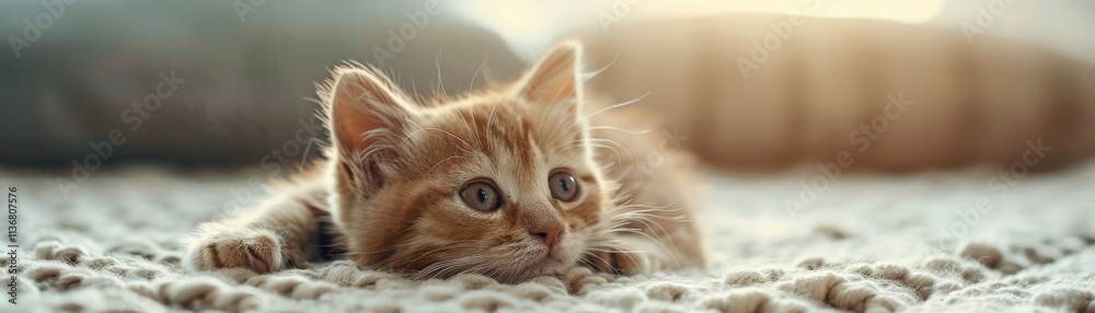A cute, golden tabby kitten lying on a soft surface, basking in natural light, exuding curiosity and playfulness. A cute, golden tabby kitten lying on a soft surface, basking in natural light, exuding curiosity and playfulness.