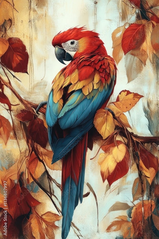 Obraz premium Vibrant Scarlet Macaw in Autumn Foliage: A Colorful Perch