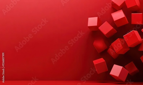 Abstract red cubes scattered on red background.