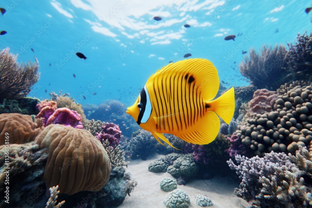 Naklejka premium A vibrant yellow butterfly fish swims gracefully amidst colorful coral reef.