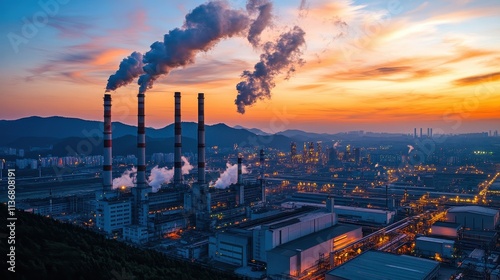 Majestic Cityscape at Sunset with Industrial Chimneys and Smoke Plumes