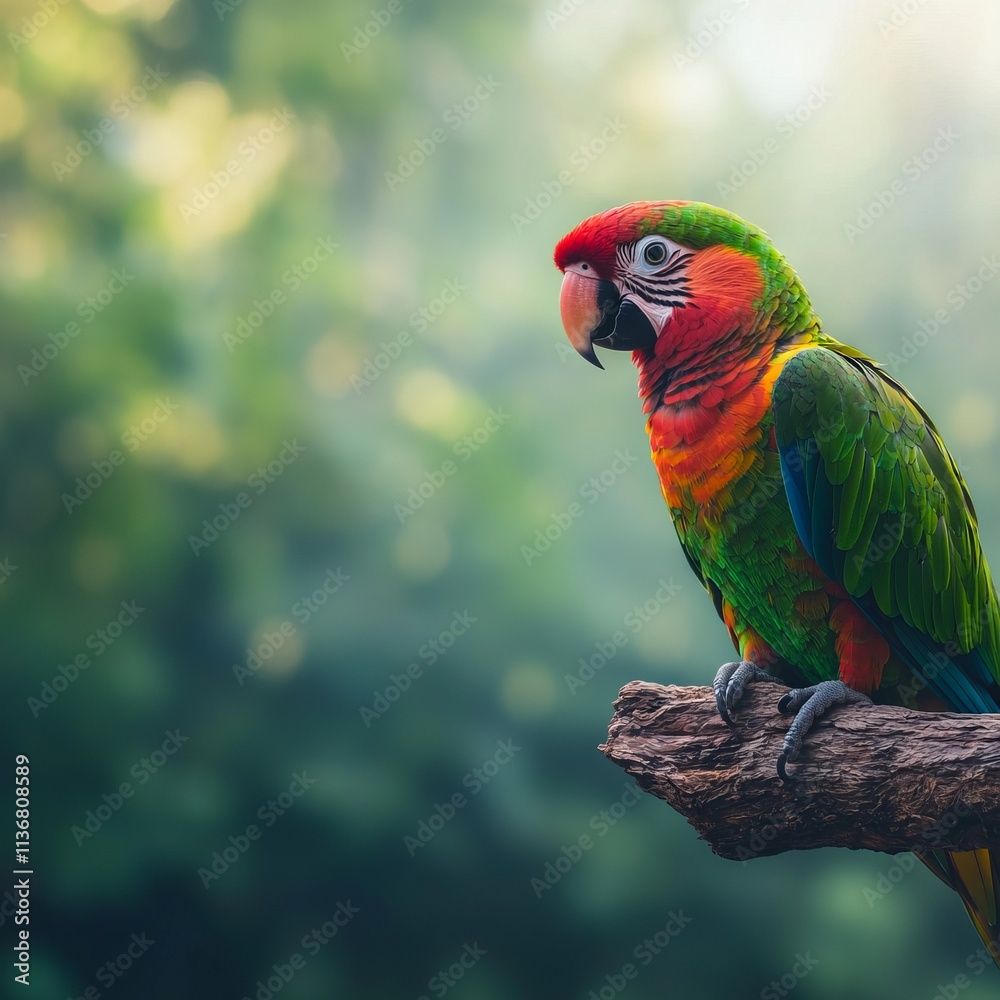 Naklejka premium A colorful parrot perched on a branch amidst a blurred green background.