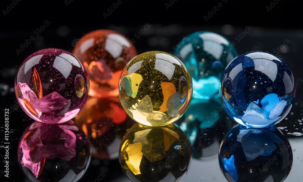 Vibrant Glass Spheres Reflecting on a Dark Surface Vibrant Glass Spheres Reflecting on a Dark Surface