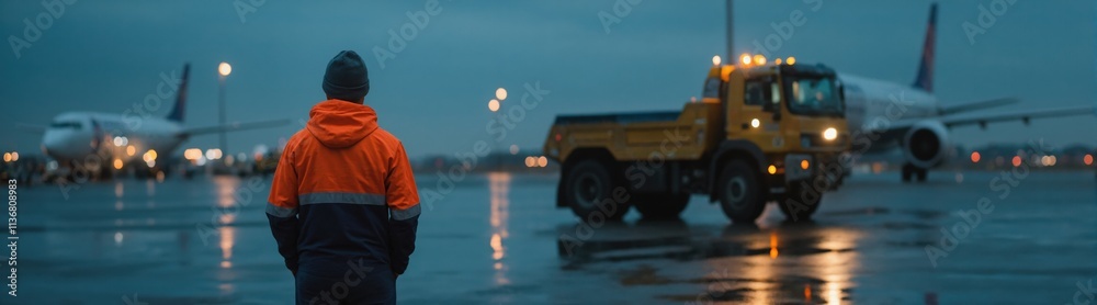 Ground crew worker in reflective orange jacket standing at a wet airport tarmac during twilight. Passenger airplane and yellow airport vehicle in the background. Aviation industry concept for design.
