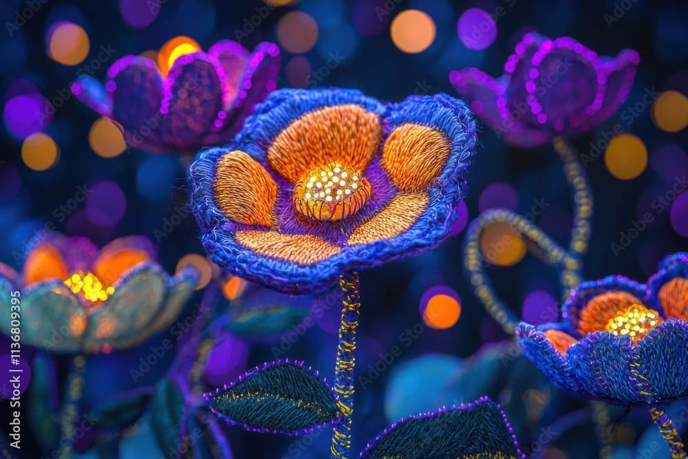 Glowing embroidered flowers in vivid colors illuminate the artwork, merging creativity and light in a captivating display.