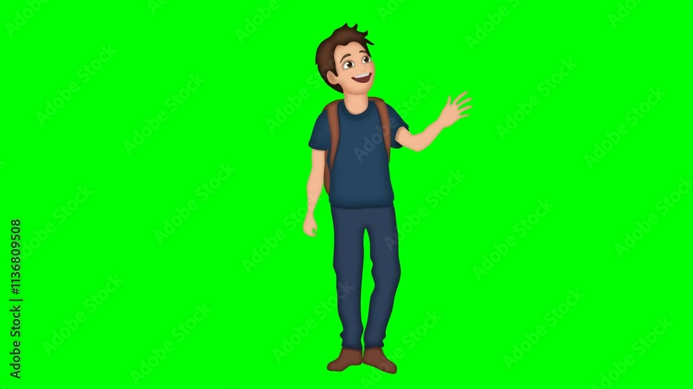 2d animated cartoon character of Happy young man with his backpack waving and saying goodbye and dancing happily with his friend or standing in a crowd of people or at a celebration 2d animated cartoon character of Happy young man with his backpack waving and saying goodbye and dancing happily with his friend or standing in a crowd of people or at a celebration