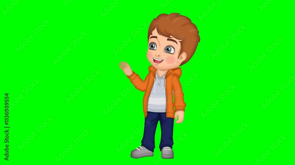 2d animated cartoon character of Little boy in orange hoodie or sweatshirt with brown hair talking and waving standing at school or in front of teacher or parent. in green screen background 2d animated cartoon character of Little boy in orange hoodie or sweatshirt with brown hair talking and waving standing at school or in front of teacher or parent. in green screen background