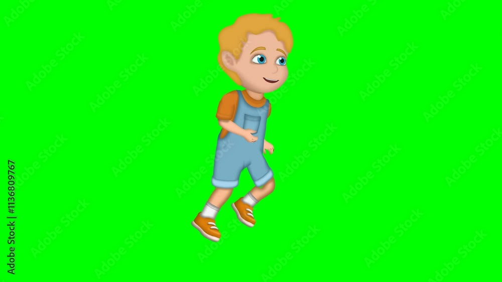 2d animated cartoon character of Happy little boy and child with golden hair running, cycling, and walking with blue eyes and a beautiful dress and yellow-orange shoes. in green screen