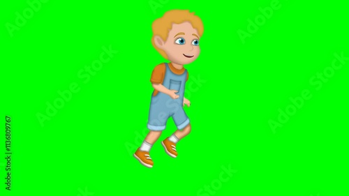 2d animated cartoon character of Happy little boy and child with golden hair running, cycling, and walking with blue eyes and a beautiful dress and yellow-orange shoes. in green screen