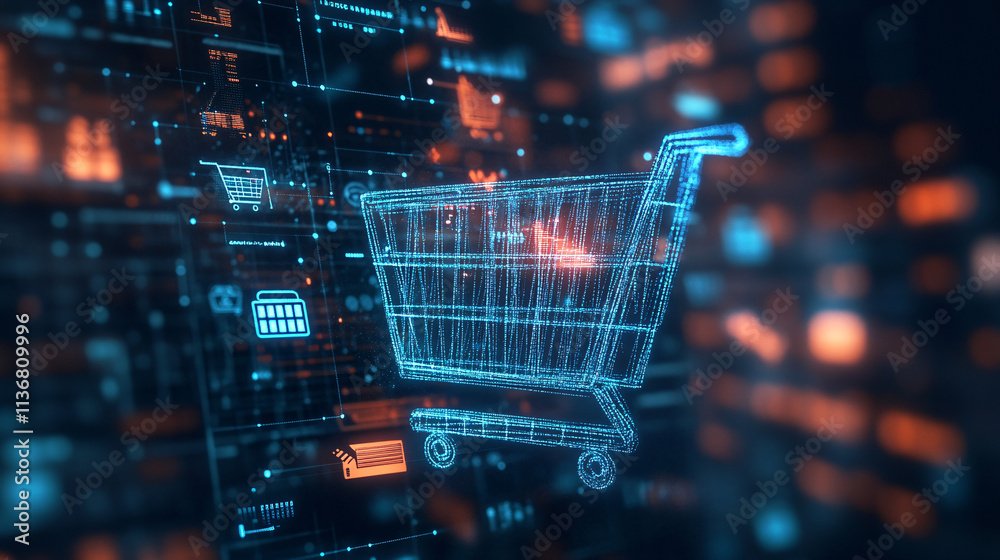 A cyber shopping cart icon surrounded by floating product images and data points, symbolizing e-commerce and online retail analytics. 