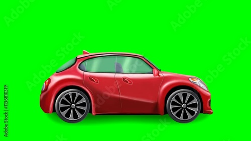 2d animated cartoon character of Red car moving and moving, cycle and loop animation with wheels spinning. in green screen background chroma key.