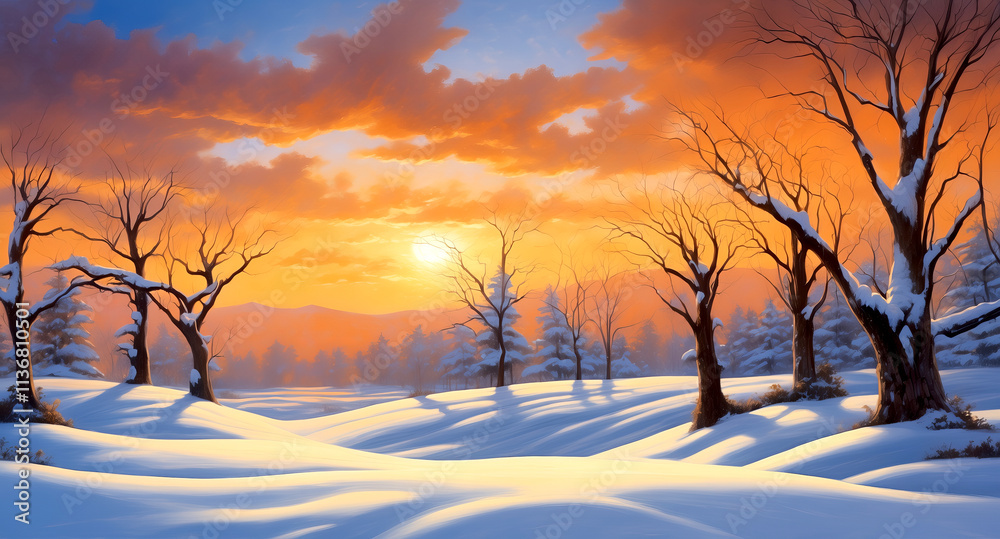 A serene winter scene featuring snow-covered ground, bare trees, and a dramatic sunset sky glowing in warm orange and yellow hues.
A serene winter scene featuring snow-covered ground, bare trees, and a dramatic sunset sky glowing in warm orange and yellow hues.