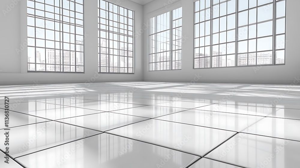 Modern white room with large windows overlooking city Modern white room with large windows overlooking city