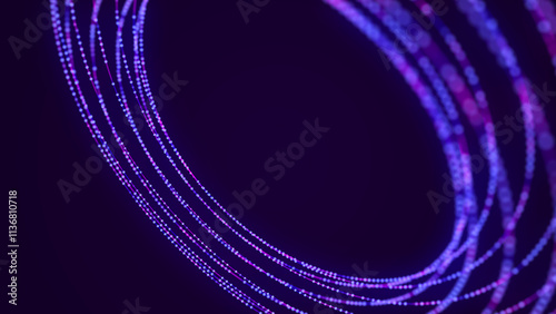 Abstract blue torus on black background. Wireframe circle structure with glowing particles and lines. Futuristic digital illustration. 3D rendering.