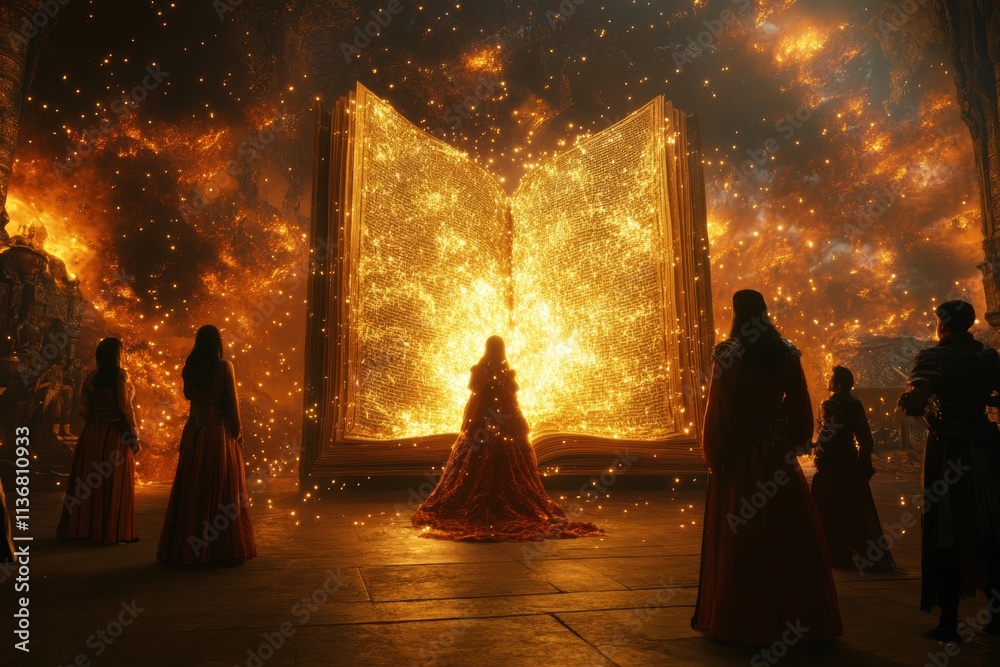 A group of people in robes stands before a massive glowing book surrounded by fiery sparks, symbolizing magic, fantasy, and ancient knowledge. A group of people in robes stands before a massive glowing book surrounded by fiery sparks, symbolizing magic, fantasy, and ancient knowledge.