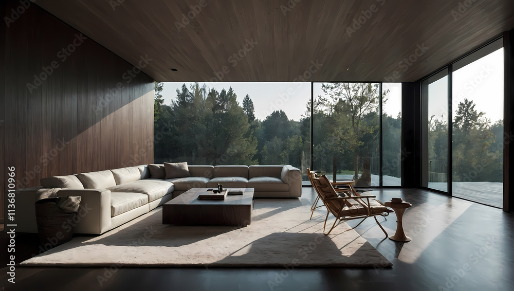 Fototapeta premium Modern living room featuring a light sofa, wooden accents, and large windows with a view of greenery.
