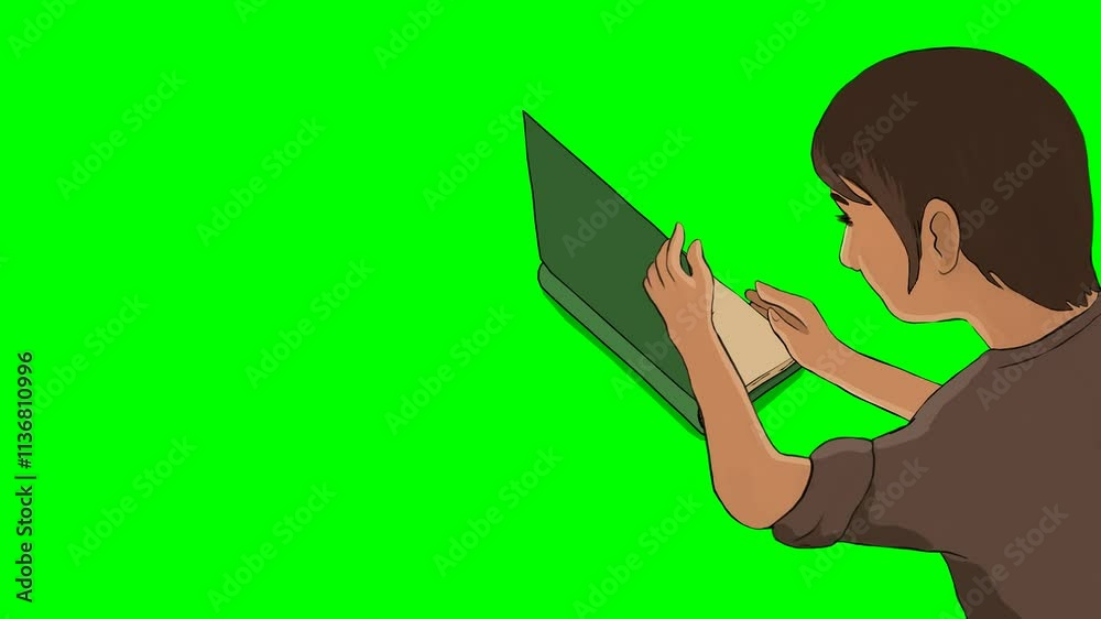 2d animated cartoon character of A man or boy from a three-sided angle studying at a desk with books and information or reading a newspaper. in green screen background chroma key. 2d animated cartoon character of A man or boy from a three-sided angle studying at a desk with books and information or reading a newspaper. in green screen background chroma key.