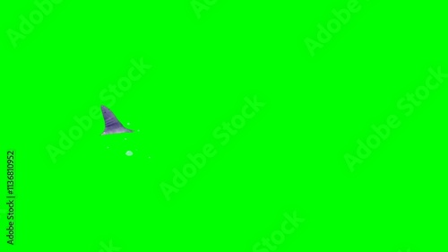 2d animated cartoon character of The tail of a shark or whale sticking out of the water and swimming underwater, scary and spinning on the water, POV view from a boat. in green screen