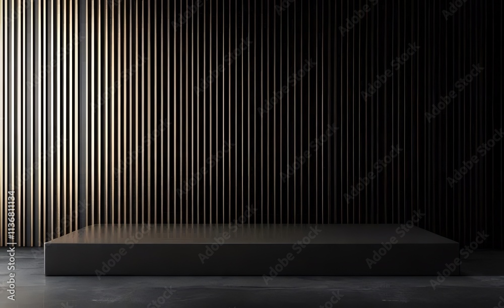 Black platform with gold striped backdrop. Black platform with gold striped backdrop.
