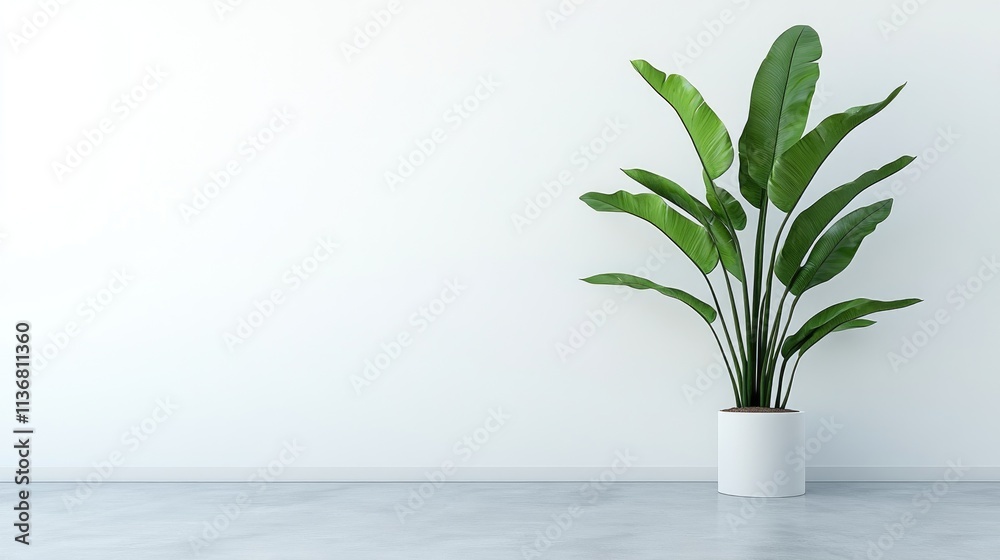 Modern Minimalist Interior with Large Potted Plant Against White Wall Modern Minimalist Interior with Large Potted Plant Against White Wall