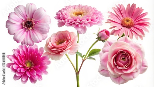 Pink Flower Bouquet Close-up View, Gerbera, Zinnia, Ranunculus, Rose Composition, Floral Beauty, Delicate Petals