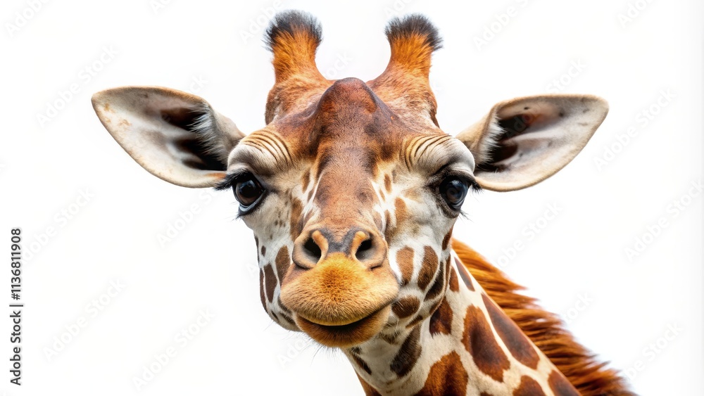 Fototapeta premium Giraffe Portrait Close-up Composition, White Background, Gentle Expression, wildlife photography, animal portrait, giraffe Giraffe, wildlife