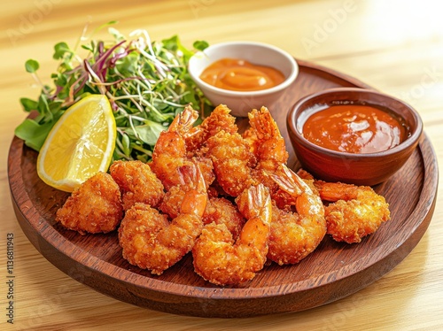 A tempting plate of crispy fried shrimp served with tangy sauces, garnished with a lemon wedge and fresh greens.