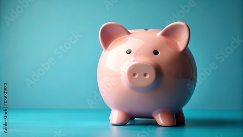 Front View Piggy Bank Composition Pink Ceramic on Teal, Savings Concept, Piggy bank, savings, finance