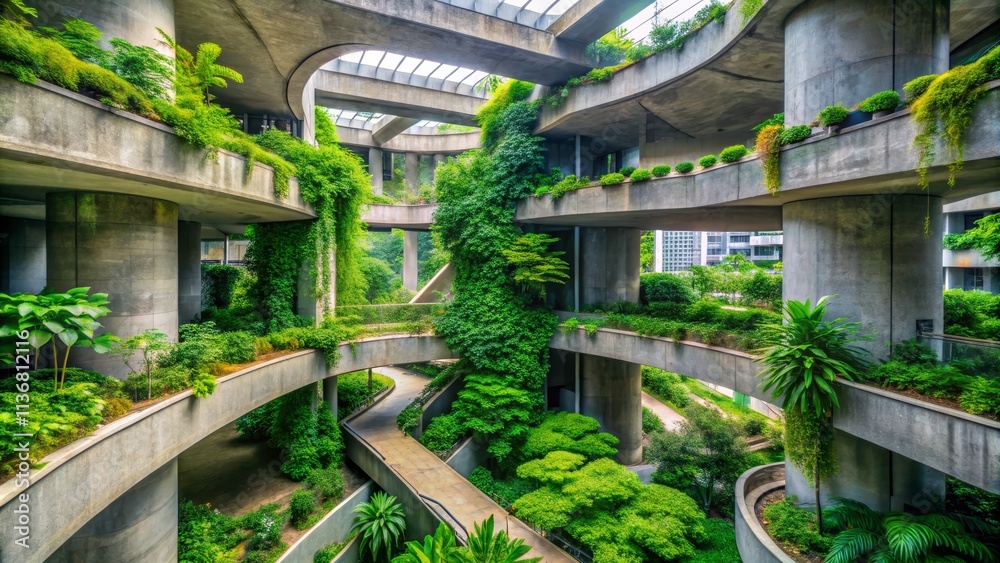 Fototapeta premium Elevated Perspective Concrete Jungle Composition, Lush Greenery and Skylights, Biophilic Design, Architecture Photography. Biophilic architecture, Green building, Vertical garden