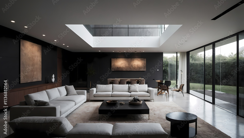 Fototapeta premium Modern living room featuring a large sectional sofa, minimalistic decor, and expansive windows letting in natural light.