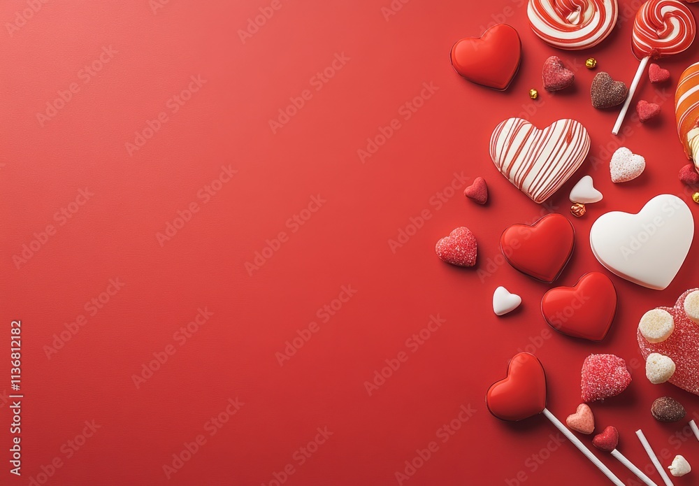 Fototapeta premium A charming display of red and pink heartshaped candies and colorful lollipops against a vibrant red background, capturing the joyous spirit of Valentines Day and love shared between partners
