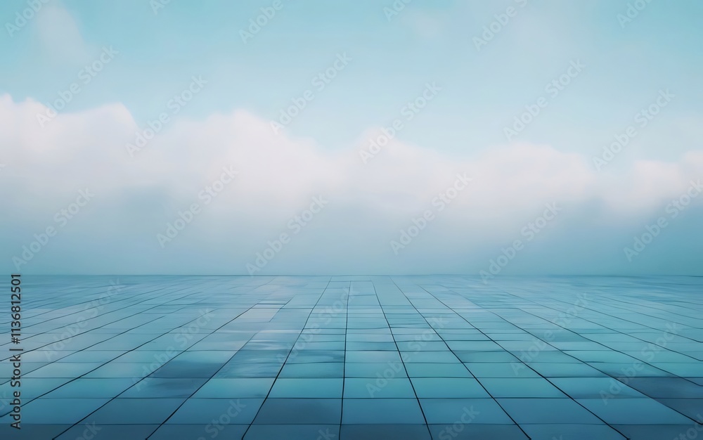 Tiled floor leads to cloudy sky horizon. Tiled floor leads to cloudy sky horizon.