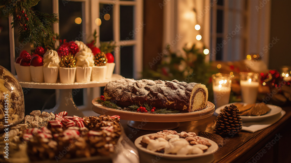 Christmas Dessert Table with Yule Log Cake, Peppermint Bark, and Eggnog Christmas Dessert Table with Yule Log Cake, Peppermint Bark, and Eggnog