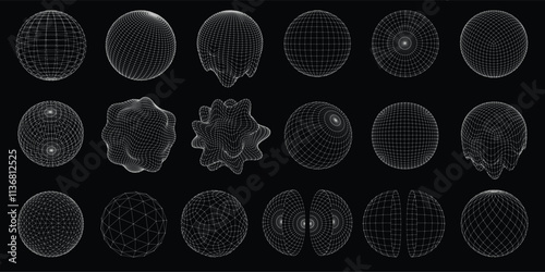 Wireframe 3D sphere mesh grid. Digital ball, abstract circle, distorted and melted geometric spheres with dots connected by lines. Cyber globe and spherical dome vector objects set.
