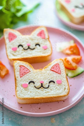 Cheerful cat-shaped toast with smiling faces, perfect for a fun breakfast or delightful snack time treat.