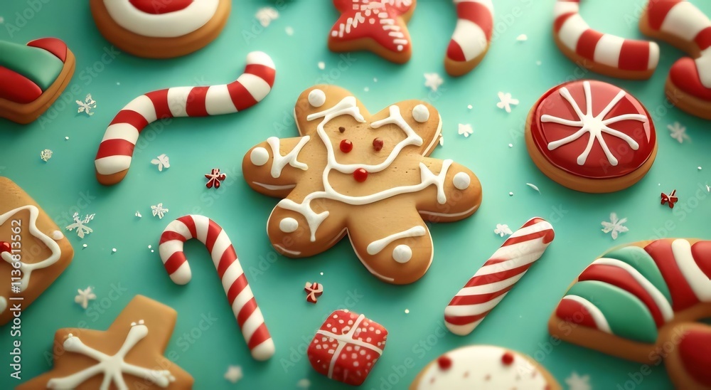 Festive Christmas cookies and candy canes on teal background. Festive Christmas cookies and candy canes on teal background.