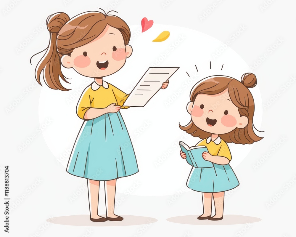 A cheerful young girl and her excited little sister share a joyful moment as they read together. A cheerful young girl and her excited little sister share a joyful moment as they read together.