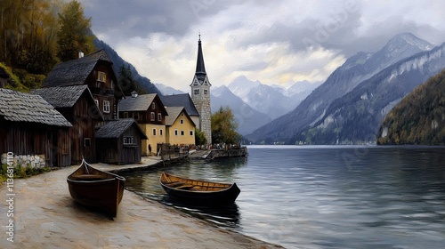 A serene painting of a European village with rustic wooden houses, a steeple church, and boats resting on a calm lake surrounded by misty mountains under a cloudy sky - AI Generated Digital Art.