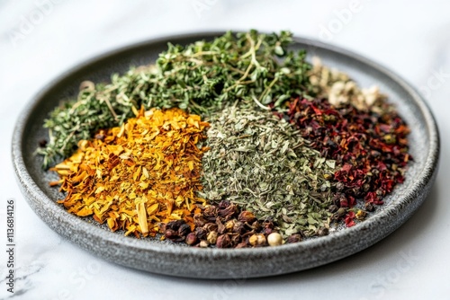 A creative layout of various spices and herbs in vibrant colors, emphasizing their unique textures and shapes. photo