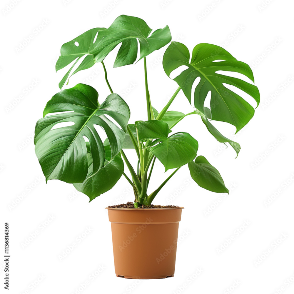 Obraz premium A Monstera deliciosa plant in a pot, isolated on a transparent background, perfect for nature, home decor, or botanical-themed designs.
