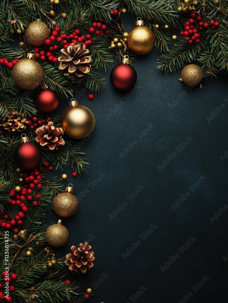 a richly decorated Christmas or New Year banner set against a dark background. There's ample space for adding your custom text or message to complete the holiday greeting. a richly decorated Christmas or New Year banner set against a dark background. There's ample space for adding your custom text or message to complete the holiday greeting.