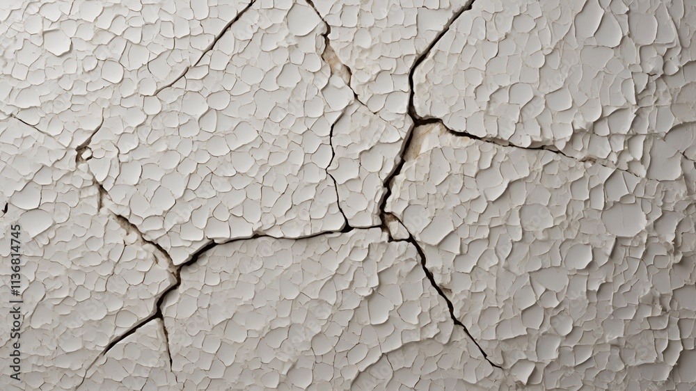 Obraz premium White textured background with cracked paint effect, creating a realistic, rugged surface perfect for design projects, wallpapers, or grunge-themed visuals. Generative AI