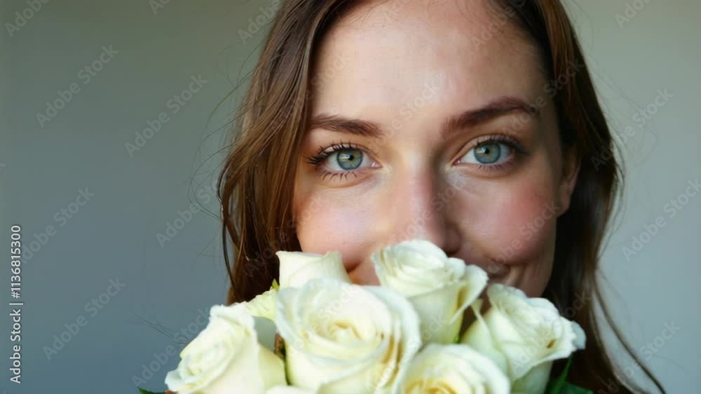Woman holds a bouquet of white roses close to her face, showcasing her blue eyes and natural beauty Woman holds a bouquet of white roses close to her face, showcasing her blue eyes and natural beauty